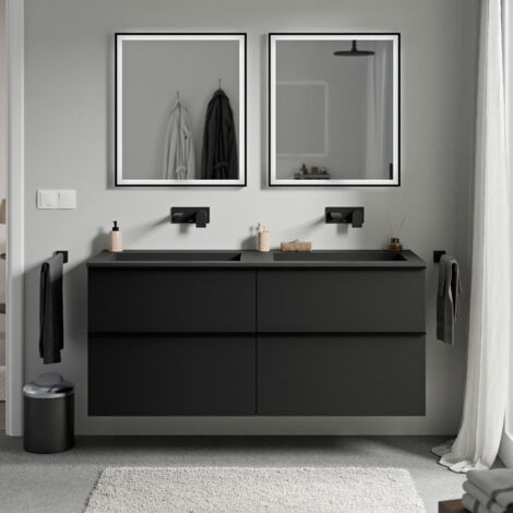 Waschtischunterschrank Bernstein LAVOA 120cm mit Mineralguss Waschbecken BRUXELLES Badmöbel: Schwarz matt, Waschbecken: Schwarz matt ohne Hahnloch, Metallgriff: Schwarz matt