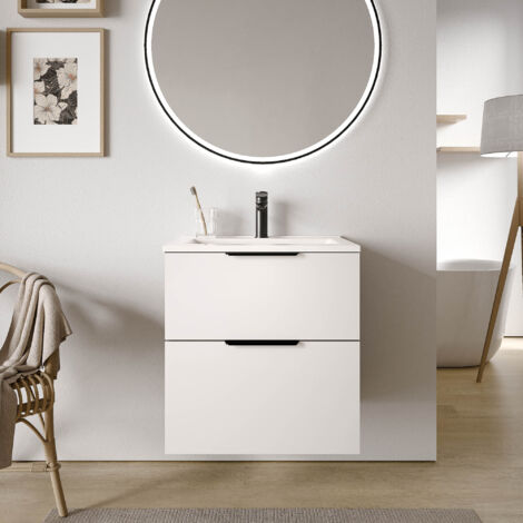 Waschtischunterschrank Bernstein TIM 60cm mit Waschbecken Weiß glänzend Metallgriff Schwarz matt