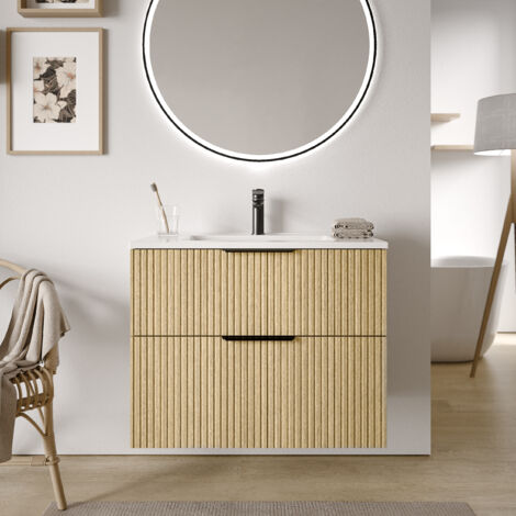 Waschtischunterschrank Bernstein TIM 80 cm mit Waschbecken Badmöbel: Eiche Nebelgrau profiliert, Metallgriff: Schwarz matt