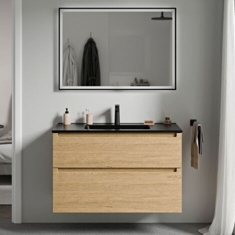 Waschtischunterschrank Bernstein VIREO 100 cm mit Waschbecken Schwarz - Badmöbelfarbe Eiche Honiggold