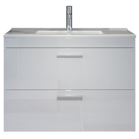 Waschtischunterschrank DENTON-19 in Hochglanz weiß mit Keramik-Waschbecken, B/H/T: ca. 81/59/47 cm