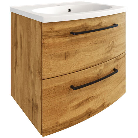 Waschtischunterschrank inkl. Waschbecken 60 cm breit MORISSON-03 in Wotan Eiche Nb. mit gebogener Front, B/H/T: ca. 60/54/45 cm