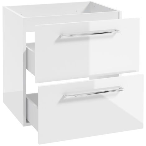 Waschtischunterschrank mit Metallgriffen in chrom, 60 cm breit mit 2 Schubkästen, in weiß Hochglanz lackiert MESSINA-107, B/H/T: ca. 60/60/45 cm