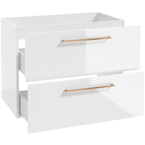 Waschtischunterschrank mit Metallgriffen in kupfer, 80 cm breit mit 2 Schubkästen, in weiß Hochglanz lackiert MESSINA-107, B/H/T: ca. 80/60/45 cm