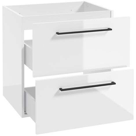Waschtischunterschrank mit Metallgriffen in schwarz, 60 cm breit mit 2 Schubkästen, in weiß Hochglanz lackiert MESSINA-107, B/H/T: ca. 60/60/40 cm