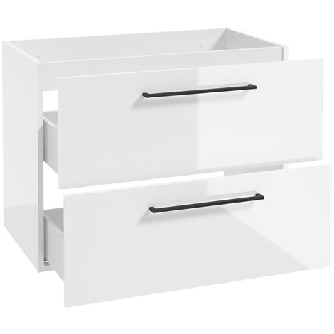 Waschtischunterschrank mit Metallgriffen in schwarz, 80 cm breit mit 2 Schubkästen, in weiß Hochglanz lackiert MESSINA-107, B/H/T: ca. 80/60/40 cm