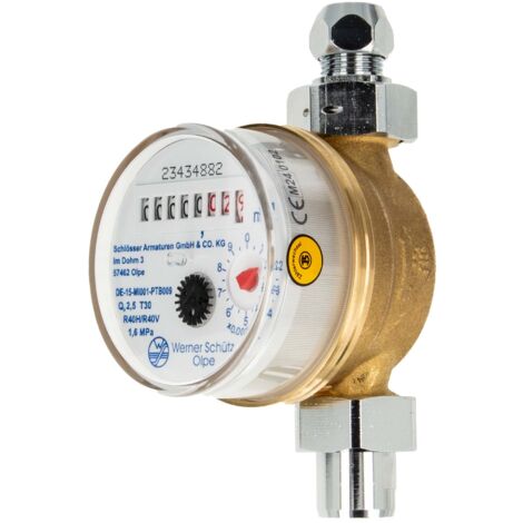 Waschtischzähler Einstrahlzähler ETK (Kaltwasser) bis 30 Grad, Länge 80 mm, 3/4 Zoll AG, inkl. Verschraubungen