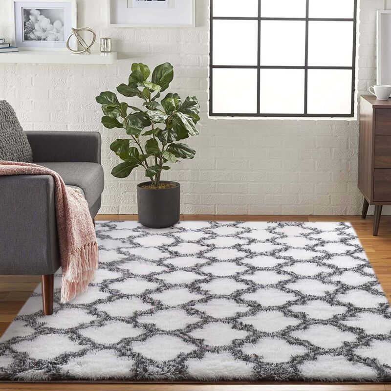 Washable Shaggy Living Room Rug, Modern Non-Slip Indoor Carpet, Long Plush Rug, Large Soft Rug for Living Room, Bedroom, Hallway, Black and White