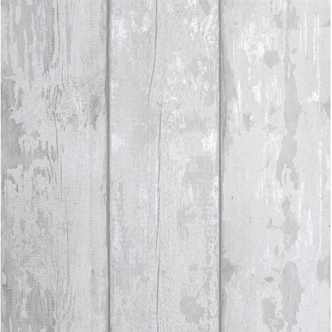 Washed Wood Plank Effect Metallic Silver Grey Embossed Textured Wallpaper 908501