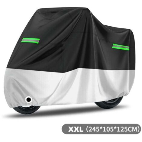 Wasserdichte Motorradabdeckung, Oxford-Gewebe, beständig gegen Staub, Regen, Schnee, UV-Strahlung, Wind, Sonne und Vogelkot, 245 x 105 x 125 cm, schwarz und silber, grüne Reflektorstreifen