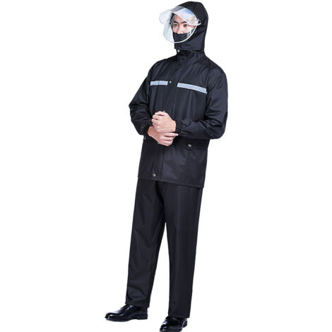 Wasserdichte PVC-Regenhose XXL, schwarz, mit integriertem Visier, abnehmbaren Reflektoren, kompakt, für Erwachsene