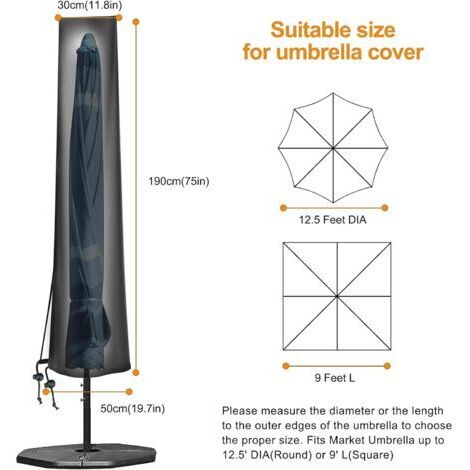 Wasserdichte Schutzhülle für Sonnenschirme mit 2 bis 4 Metern Durchmesser, große Garten-Sonnenschirmhülle, 210D Oxford-Gewebe, 9 bis 11 Fuß (ca. 2,7 bis 3,3 Meter) Durchmesser, H 190 x 30/50 cm