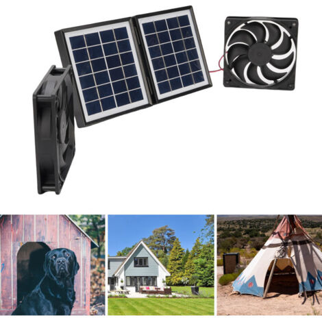 Wasserdichter Solar-Abluftventilator 2 x 5W mit faltbarem 10W-Solarpanel für Wohnwagen, Tierzwinger, Hauswirtschaftsraum, Außenbereich (schwarz)