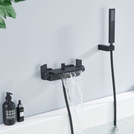 Wasserfall Badewannenarmatur mit Regal,Wannenarmatur mit Handbrause,Badewanne Armatur Duscharmatur für Bad, Schwarz matt,Komplett Duschset