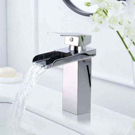 Wasserfall-Badezimmerarmatur, Chrom-Waschtischmischbatterie, extra breit 6 cm, Kalt- und Warmwasser verfügbar, Edelstahl, Keramikventil, Badarmaturen in modernem Design