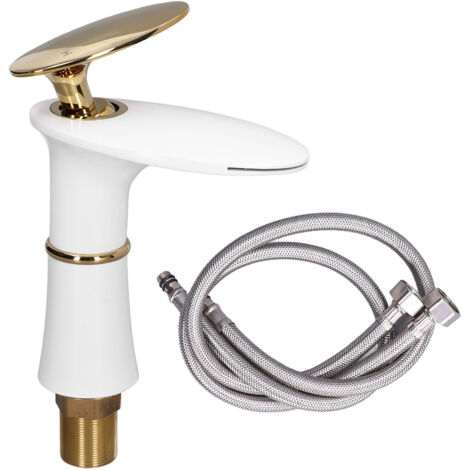 Wasserfall-Waschtischarmatur G1/2 Weiß und Gold für Bad oder Büro, kurze Ausführung mit goldenem Griff