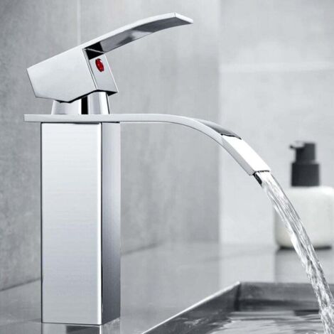Wasserfall-Waschtischarmatur, Wasserfall-Mischbatterie, Einloch-Waschtischarmatur zur Montage auf der Waschtischplatte, Waschtischarmatur, Keramikkartusche, Chrom