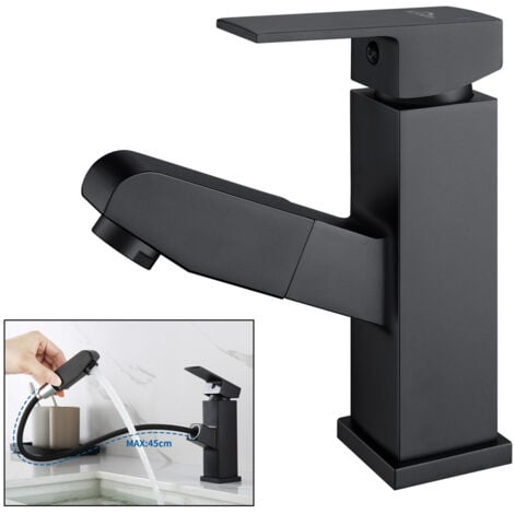AURALUM Wasserhahn Bad Armatur mit 45cm Ausziehbar Schwarz, Waschtischarmatur Badarmatur und Abnehmbarer Luftsprudler für Badezimmer