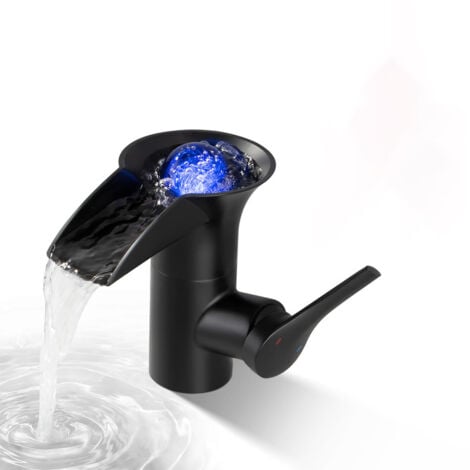 ESIP Wasserhahn Bad Wasserfall Messing Waschtischarmatur LED Bad Wasserhahn mit RGB 3 Farbewechsel Waschbecken Armatur Schwarz Einhebelmischer Warm und Kalt Wasser Mischbatterien Bad