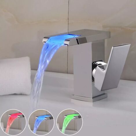 Wasserhahn Badarmatur RGB LED Wasserfall Waschbecken Waschtisch Armatur mit Farbwechsel