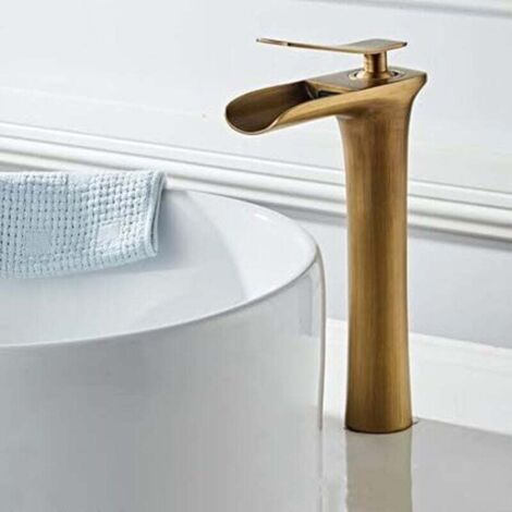 Wasserhahn für Badezimmerwaschbecken, Kupfer, Wasserfall-Stil, antik, Einlochmontage, Warm- und Kaltwasserhahn, Höhe 27,5 cm