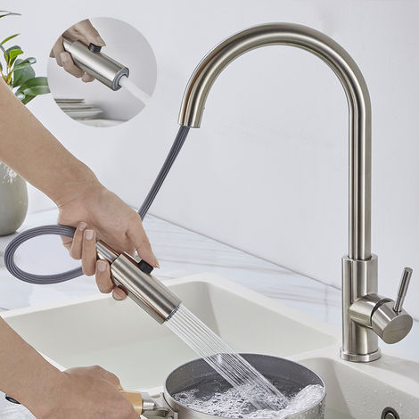 Wasserhahn Küche Ausziehbar, WOOHSE Gebürstete Küchenarmatur mit 360