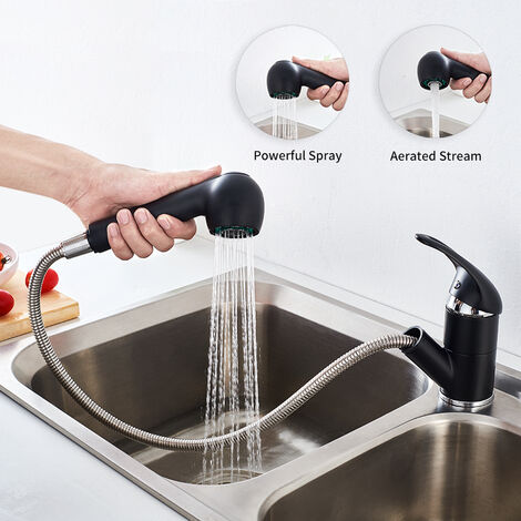 Ausziehbar Küchenarmatur Schwarz Edelstahl Wasserhahn mit Brause Mischbatterie