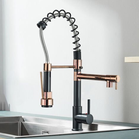 SUGUWORD Wasserhahn Küche Küchenarmatur mit Spiralfeder 360° Schwenkbare Spültischarmaturen mit Zwei Auslauf, Wasserhahn Küchen Brause ausziehbar- Mischbatterie Küche Hochdruck,Rose Gold