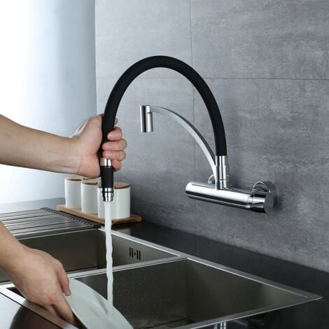 HOMELODY Wasserhahn Küche Schwarz Küchenarmatur Wandarmatur 180° Drehbar Messing Spültischarmatur mit brause Armatur für Küche