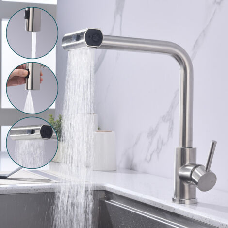 Wasserhahn Küche Verchrom, Küchenarmatur Ausziehbar mit 3 Strahlarten, Spültischarmatur mit Brause, Armatur Küche 360° Schwenkbar, Mischbatterie Küche Edelstahl
