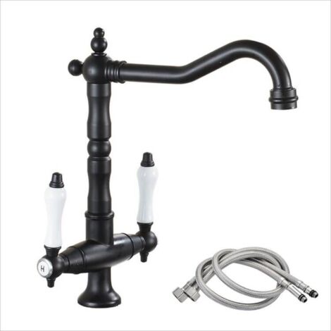 Wasserhahn Küche Vintage, Küchenarmatur 360° Drehbar, Zweigriffmischer Spültischarmatur Kaltes und Heißes Mischbatterie , G3/8 - Schwarz