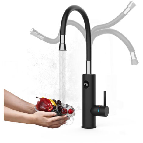 Wasserhahn mit Durchlauferhitzer Küche, 3200W Elektrischer Wasserhähne Sofort Warm Küchenarmatur mit Flexibler Auslauf und LCD Temperaturanzeige, 360º Drehung Schnellheizungshahn Armatur, Schwarz