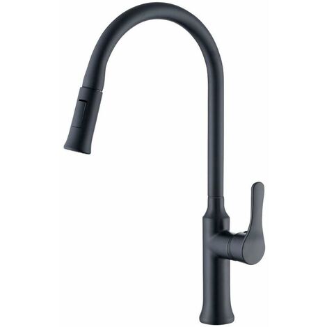 Wasserhahn mit herausziehbarer Brause, schwarze Küchenspülen-Mischbatterie, 2 Wasserdüsen, 360 ° drehbarer, gebogener Auslauf, Wasserhahn, langlebiges Kupfer, mattschwarze Mischbatterien