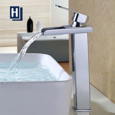 Wasserhahn Waschtischarmatur für Bad Mischbatterie mit Wasserfall Auslauf hohe Armaturen Waschbecken Waschtisch-Einhebelmischer Chrom Badarmatur Waschbeckenarmatur für Badezimmer