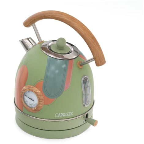 Wasserkessel Caprizze Nara 2200 W Edelstahl mit integriertem Thermometer Fassungsvermögen 1,8 l Blumendekoration und Holzeffekt