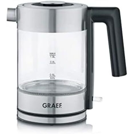 Wasserkocher de Glas GRAEF WK300 - Wasserkocher de 1 Liter, Design de hohe Qualität, Glas SCHOTT DURAN, Edelstahl, LED, brand de Füllhöhe, de Sockel de 360°, Anti-Kalk-Filter, starke 2200 Watt