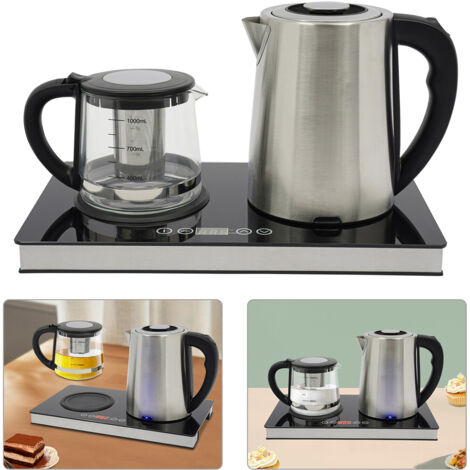 Wasserkocher mit zwei Kochplatten, Glas-Teekanne, Wasserkocher mit Teekannenwärmer, elektrisches Teeservice mit Touch-Bedienfeld