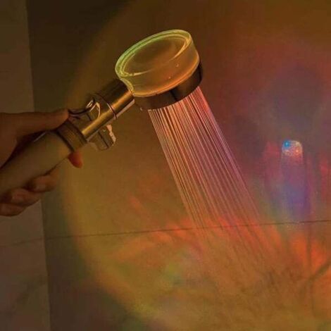 Wassersparender Duschkopf mit Temperaturregelung und farbiger LED-Beleuchtung.