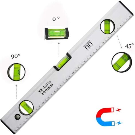 Wasserwaage 40 cm, Magnet-Wasserwaage mit 3 gut sichtbaren Libellen - Aluminiumgehäuse, robuste Spitzen für Horizontal, Vertikal und 45°, Genauigkeit +/- 0,5 mm - Integriertes Lineal