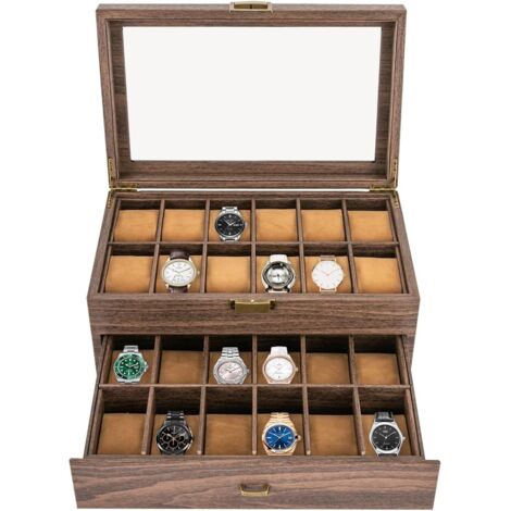 Watch Box with 24 Slots, 2-Tier Solid Wood Watch Box with Large Glass Lid, Watch Case, Buckle WatchCase for Men and Women, Watch Display Box, Brown, 34 x 21 x 15 cm