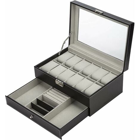 Watch box with jewelry drawer for 12 watches/box/storage box (black)