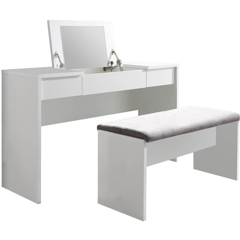 Altobuy - watchme - Coiffeuse Blanche 2 Tiroirs avec Miroir + Banc
