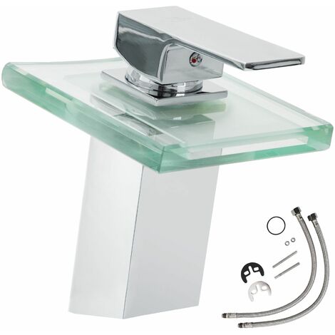 Faucet glass rectangular waterfall tap with LED lighting - bathroom sink tap, faucet tap, bath and sink tap - grey - grau