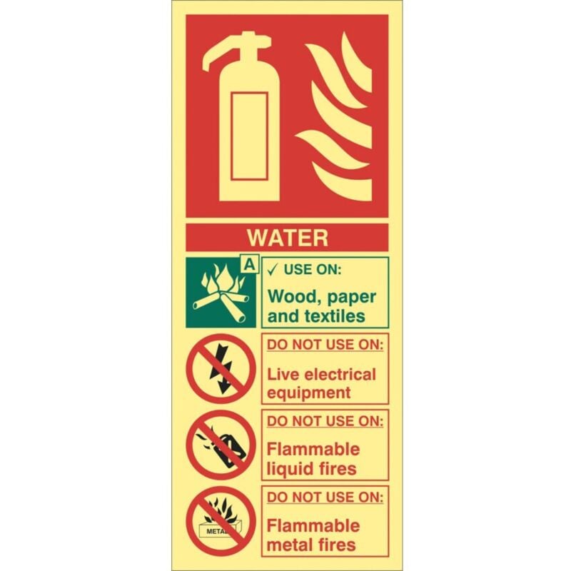 Water Fire Extinguisher Photoluminescent Rigid pvc Sign - 82 x 202mm - Sitesafe