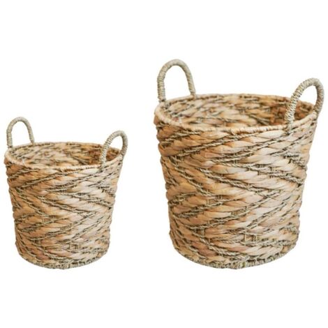 Water Hyacinth Woven Log Basket with Handles (Set of 2) - Brown