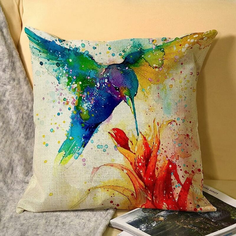 Watercolor Animal Style Hummingbird Pattern Pillow Cases Printed Both Sides For Sofa Couch Home Bedroom Linen Cushion Cover 18 X 18 Inch