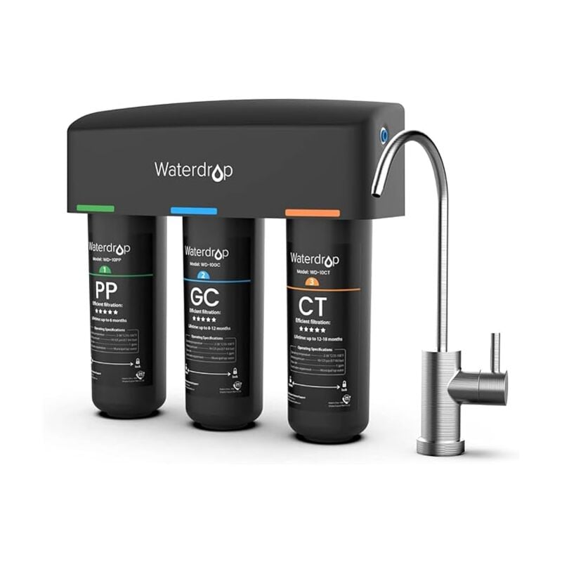 Waterdrop - tsb Système de Filtre à Eau Sous Évier avec Robinet Dédié, 3 étapes de Filtration d'Eau de Grande Capacité, Certifié nsf/ansi 42, Réduit