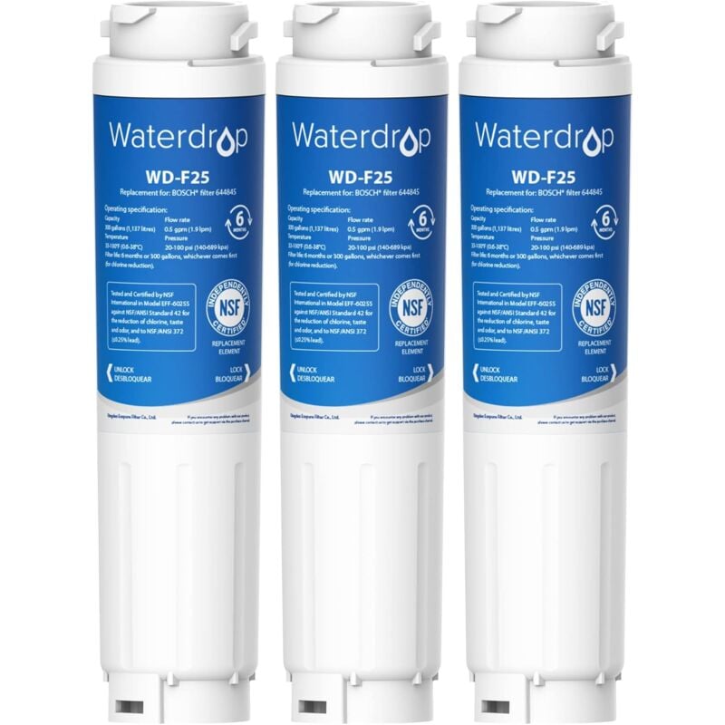 Waterdrop - WD-F25 Filtre à Eau pour Réfrigérateur, Compatible avec Bosch UltraClarity 644845 REPLFLTR10 00740560 9000194412 9000077104 Neff Gaggenau