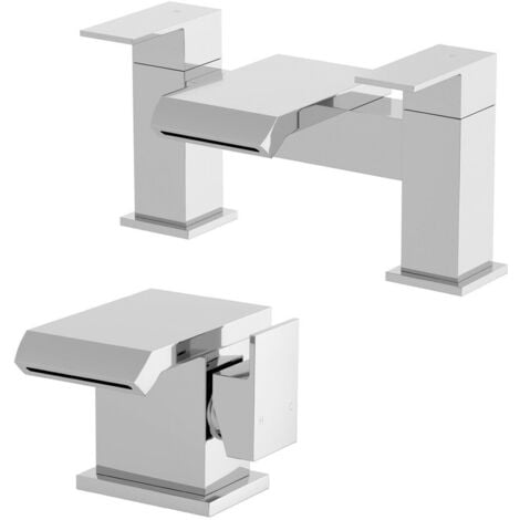 Waterfall Basin Mixer Tap Bath Filler Tap Set Chrome Square Lever - Silver