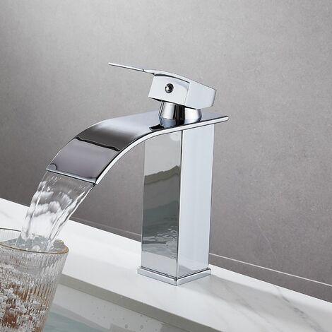 Waterfall Basin Sink Mixer Tap Bathroom Lever Single Handle Leadless Brass Faucet，Tap Bathroom for Cold and  Hot Water,With 2 × G3/8’’ hoses，Chrome - A